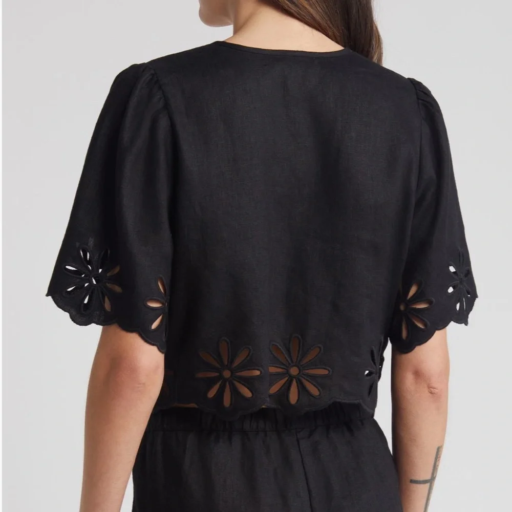 Rails Pari Eyelet Tie Front Linen Crop Top Black Size XL - Picture 3 of 5